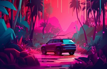 Jeep jungle sunset. Generate Ai