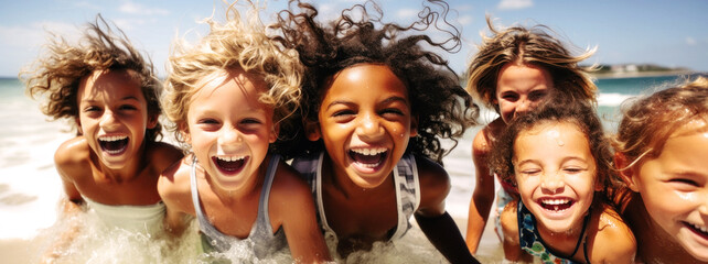 Wall Mural - On a sunny beach, diverse children gather, their laughter filling the air. United by friendship, they enjoy the sun, sand, and sea, showcasing pure joy, friendship knows no race. Generative AI	