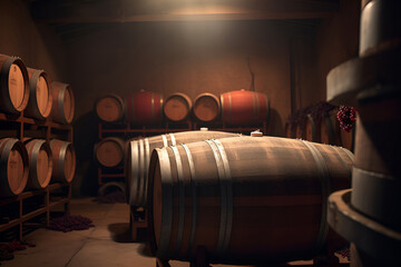 Wooden oak barrels stacked in straight rows in order in cellar of winery, vault