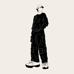 Black and white Street fashion men vector illustration. Young man in a fashionable clothes military style 90s 2000s in full growth posing.