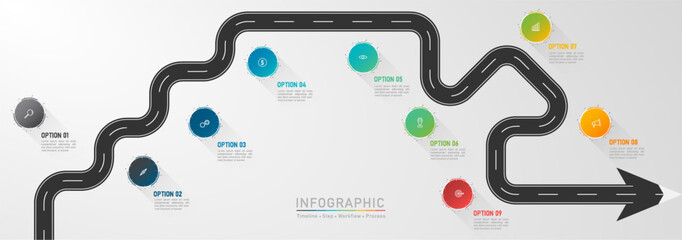 Business road map infographic. Pathway with flat icon template vector illustrator. 9 step concept presentation.