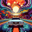 Psychedelic Spaces: Flat Cartoon Illustration of Cars in a Vibrant Vector Style