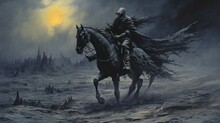 Horseman With A Black Hat Riding Through A Wasteland With Ghostly Moon. Created With Generative Ai Technology.