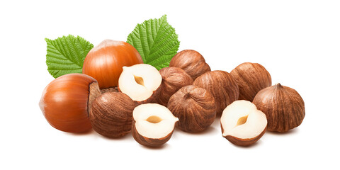 Wall Mural - Hazelnut family. Whole and shelled nuts isolated on white background
