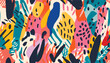 © Eli Berr - Abstract trendy exotic floral jungle pattern. Collage contemporary seamless pattern. Hand drawn cartoon style pattern.