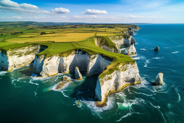 Aerial view of the Cliffs of Moher in Ireland, beautiful blue ocean and green grassy fields, generative ai