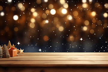 Wall Mural - beautiful winter christmas background with empty wooden table for product display, blurred background with xmas lights, copy space, generative ai
