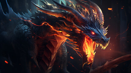Wall Mural - mighty giant fantasy dragon breathing fire on dark flames background. mythology creature portrait. f