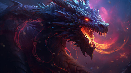 Wall Mural - mighty giant fantasy dragon breathing fire on dark flames background. mythology creature portrait. f