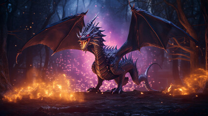 Wall Mural - mighty giant fantasy dragon breathing fire on dark flames background. mythology creature portrait. f