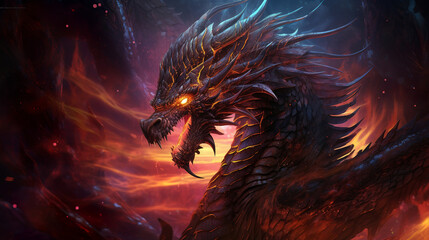 Wall Mural - mighty giant fantasy dragon breathing fire on dark flames background. mythology creature portrait. f
