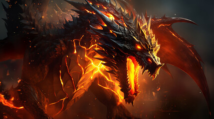 Wall Mural - mighty giant fantasy dragon breathing fire on dark flames background. mythology creature portrait. f