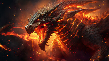 Wall Mural - mighty giant fantasy dragon breathing fire on dark flames background. mythology creature portrait. f