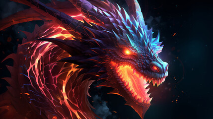 Wall Mural - mighty giant fantasy dragon breathing fire on dark flames background. mythology creature portrait. f