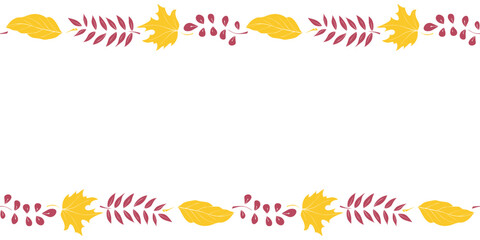 Wall Mural - Vector background, frame made of colorful autumn leaves on edges. Horizontal top and bottom edging, border, decoration for seasonal design, thanksgiving theme and happy fall