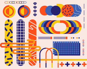 Pop art style rounded swiss bauhaus background retro illustration vector element, colorful, playfull, graphic event identity editable