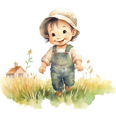 Happy children in watercolor style. Cute cartoon kid character on meadow. Watercolor illustration. Generative AI