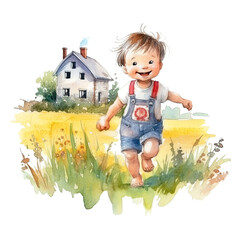 Happy children in watercolor style. Cute cartoon kid character on meadow. Watercolor illustration. Generative AI