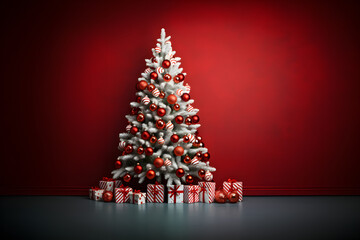 christmas tree on red background. festive and vibrant. (ai generative)