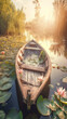 Old wooden boat on the lake with water lily in warm sunlightat summer morning. Serene atmosphere. AI generated art illustration