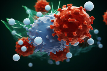 Poster -  Depicting cancerous cells invading and attacking healthy brain tissue, showing the destructive nature of brain cancer Generative AI technology.