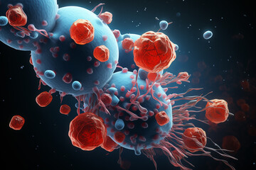 Poster - Depicting cancerous cells invading and attacking healthy brain tissue, showing the destructive nature of brain cancer. Generative AI technology.