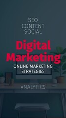 Wall Mural - digital marketing and online strategies in word cloud animation. vertical video