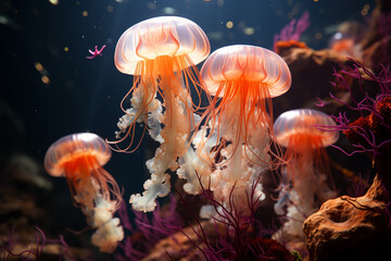 Leinwandbilder - playful interaction between a group of jellyfish, showcasing their social dynamics and vigilant natu