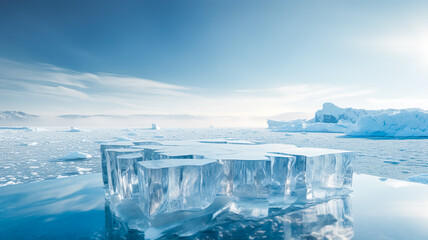 Wall Mural - Selective focus.podium platform of ice or iceberg mountain landscap.product display table.stand abstract background.generative ai images