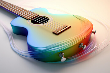 Fototapete - An abstract geometric style rendering of a Guitar, with its curved body and strings composed of intersecting geometric shapes and soft, soothing color gradients. Generative AI technology