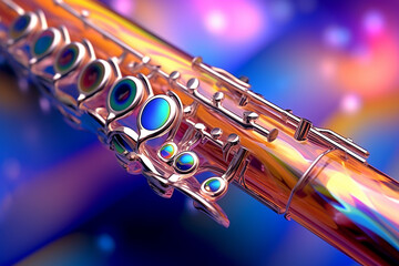Poster - An abstract geometric style rendering of a Flute, with its curved body and strings composed of intersecting geometric shapes and soft, soothing color gradients. Generative AI technology