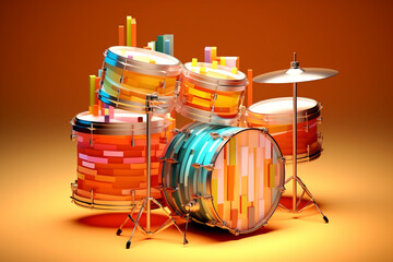 Poster - An abstract geometric style rendering of a Bass Guitar, with its curved body and strings composed of intersecting geometric shapes and soft, soothing color gradients,  Generative AI technology