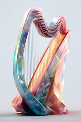 Wall Mural - An abstract geometric style rendering of a Harp, with its curved body and strings composed of intersecting geometric shapes and soft, soothing color gradients. Generative AI technology