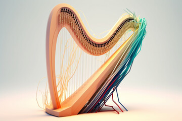 Poster - An abstract geometric style rendering of a Harp, with its curved body and strings composed of intersecting geometric shapes and soft, soothing color gradients. Generative AI technology