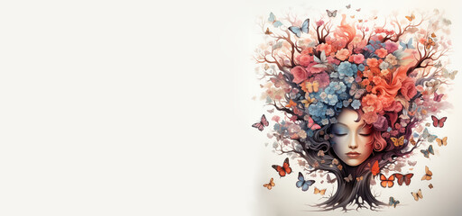 Human mind with flowers and butterflies growing from a tree, positive thinking, creative mind, self care and mental health concept,  generative AI 