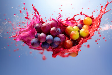 Fototapete - An vibrant photograph Nebbiolo grape splashed in bright paint, contemporary background. Generative AI technology