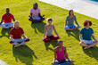 Group of diverse friends doing yoga and meditating in garden