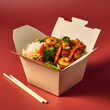 box of chinese takeout with rice isolated on plain red studio background, made with generative ai