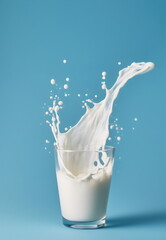 glass of milk with dynamic splash isolated on plain blue studio background, made with generative ai