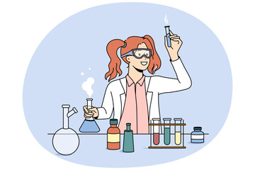 Wall Mural - female scientist working with tubes in laboratory. professional researcher do experiments in lab. sc