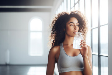 Wall Mural - Fit woman drinking water from the bottle in the gym

