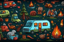 Cartoon Cute Doodles Camping Day Seamless Pattern, Generative AI