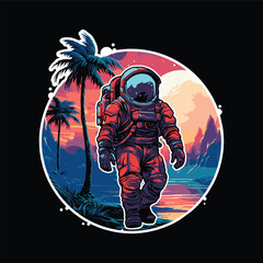 Wall Mural - astronaut walking on outer space summer island