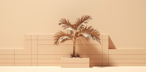 Wall Mural - Selective focus of palm leaf with shadow and nature lightning on wall background.Tropical and summer pattern.generative ai images