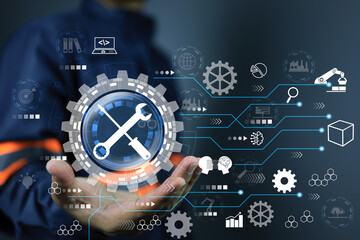 A maintenance engineer and wrench symbol in gear, a industrial machine, shows how well taken care of. Industrial machine corrective prevention concept.