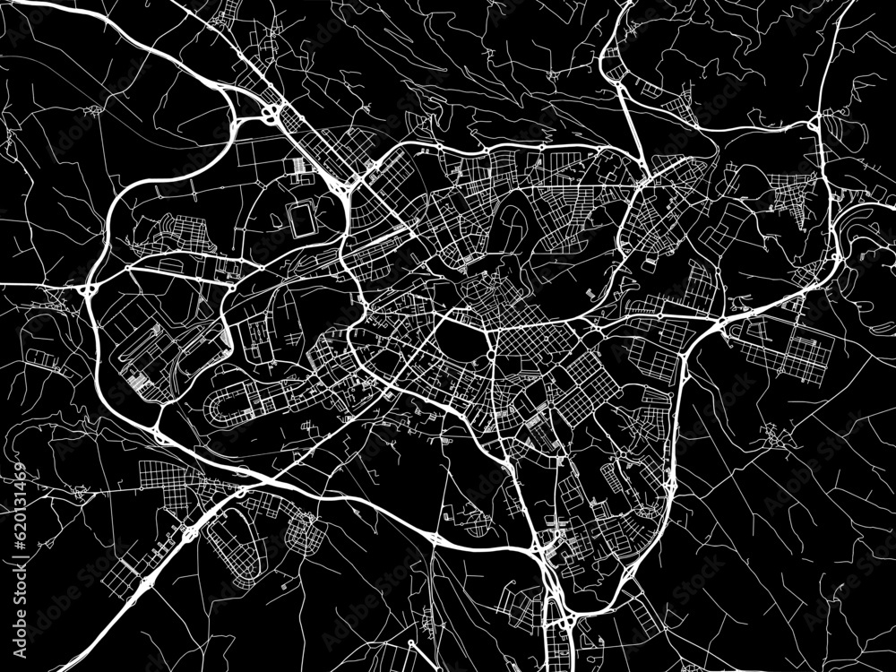Vector road map of the city of  Pamplona in Spain on a black background.