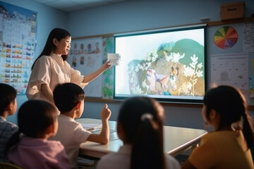 An Asian woman teacher using a projector to display educational content, captivating students with visual learning Generative AI