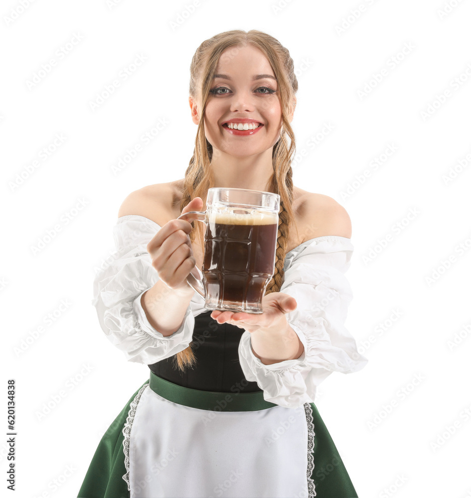 Beautiful Octoberfest waitress with beer on white background