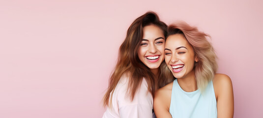 Two young beautiful girls hugging, laughing and smiling against a flat pastel pink background. Happy women girlfriends, portrait, copy space for text. Generative AI photo.