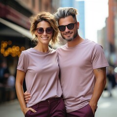 Wall Mural - Illustration of a couple fashion portrait with plain t-shirt mockup, AI Generated